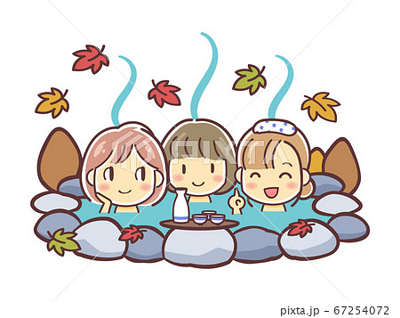紅葉の季節 温泉に入る女性の三人組のイラスト 秋の露天風呂 のイラスト素材