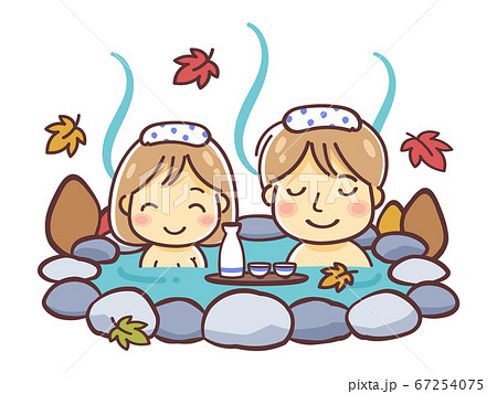 紅葉の季節に温泉に入る男女 カップル 夫婦のイラスト 秋の露天風呂 のイラスト素材