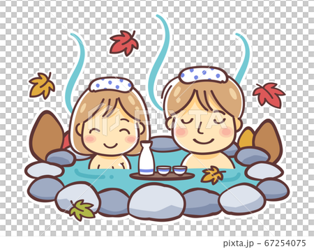 男人和女人，夫婦和情侶在秋天的季節裡泡溫泉的插圖（秋季戶外浴） 67254075