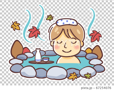 紅葉の季節に温泉に入る男性のイラスト（秋の露天風呂） 67254076