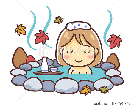 紅葉の季節に温泉に入る女性のイラスト（秋の露天風呂） 67254077