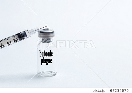 Bubonic plague vaccine with a syringe on a white background. The inscription on the vaccine bubonic plague. 67254676