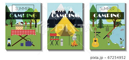 A set of flat vector leaflets for summer camping, Hiking and tourism. Three flyers with a tent, picnic table, basket of mushrooms, fire, fishing rod, guitar and camping equipment. A set of flat vector leaflets for summer camping, Hiking and tourism. Three flyers with a tent, picnic table, basket of mushrooms, fire, fishing rod, guitar and camping equipment. 67254952