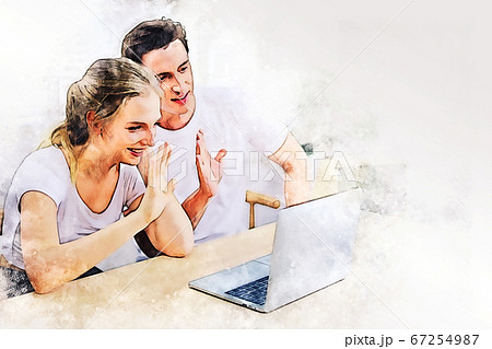 Happy couple lover talking and waving hand in a video conference on line with a laptop for contact friendship at home. 67254987