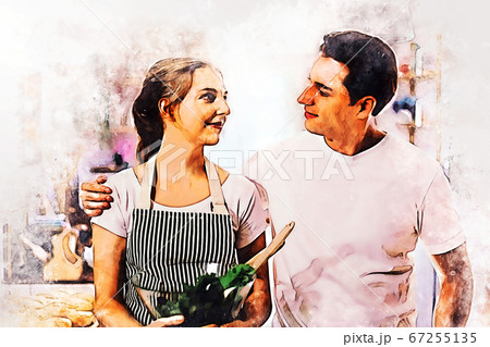 Abstract colorful happiness family young couple lover in kitchen room on watercolor illustration painting background. 67255135
