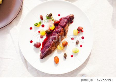 Top view plate with grilled wild deer fillet 67255491