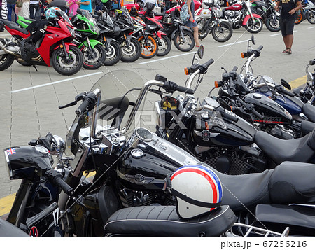 KUALA LUMPUR, MALAYSIA -JULY 29, 2017: Design of Harley-Davidson motorcycle brand and logos printed on the motorcycle body. Some of the logos were costume made by the owner.   67256216