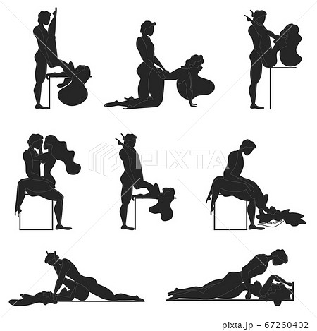 Cartoon Different Sex Poses or Position Couple Set Concept Of Passion Erotic Flat Design Style. 67260402