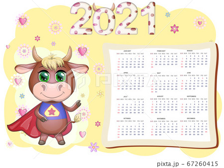 White ox calendar or planner for 2021 with cartoon bull, new year symbol, cover and 12 monthly White ox calendar or planner for 2021 with cartoon bull, new year symbol, cover and 12 monthly 67260415