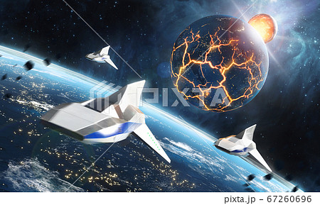 Three space ships flying to the collapsing planet. Sci-Fi concept. 3d rendering. Elements of this image furnished by NASA 67260696