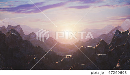 Background with a purple sunset among the mountains. 3d rendering 67260698