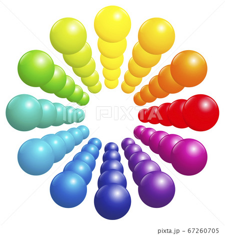 Colorful ball pattern - circle, tube, tower or flower. Very shiny rainbow spectrum formed by many three-dimensional colored balls. Vector illustration on white background. 67260705