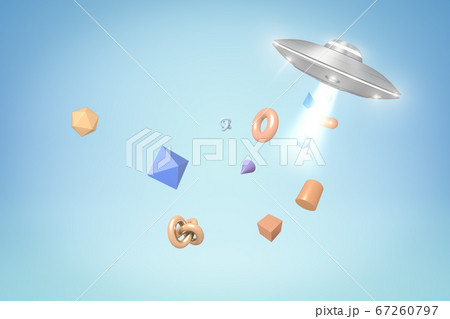 3d rendering of silver metal ufo with random geometric objects on blue background 3d rendering of silver metal ufo with random geometric objects on blue background 67260797