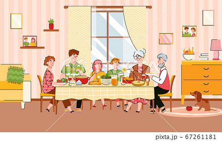 Family generations dining festive meal together cartoon vector illustration. Family generations dining festive meal together cartoon vector illustration. 67261181