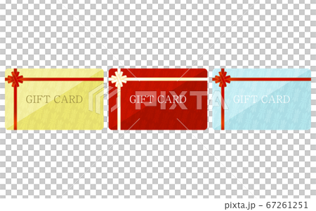 Illustration of yellow, red and blue gift card with wrapping ribbon. 67261251