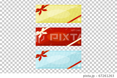 Illustration of yellow, red and blue gift card with wrapping ribbon. 67261263