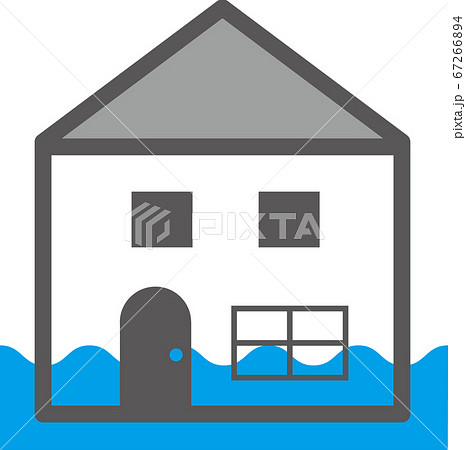 グレーのシンプルな一戸建てが浸水したイラストのイラスト素材