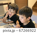 パソコンで二人楽しく勉強している男の子の兄弟 67266922