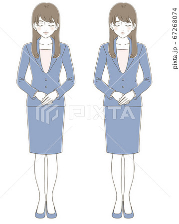 手描き風 お辞儀をしているスーツを着た女性のビジネス全身イラストセットのイラスト素材
