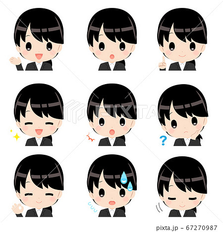 イラスト素材（主線なし）：ビジネススーツを着た黒髪女性の表情セット 67270987