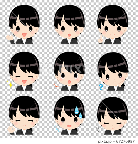 イラスト素材（主線なし）：ビジネススーツを着た黒髪女性の表情セット 67270987