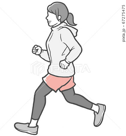 パーカーを着てジョギングする横向きの若い女性のイラスト素材