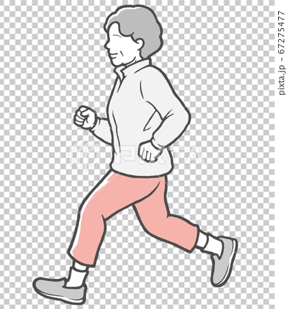 パーカーを着てジョギングする横向きの中年女性のイラスト素材
