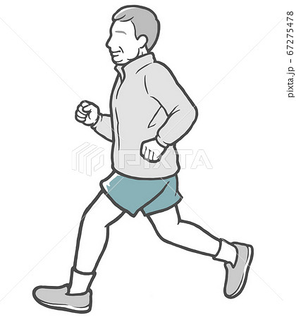 パーカーを着てジョギングする横向きの中年男性のイラスト素材