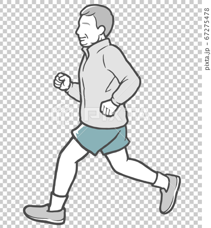 パーカーを着てジョギングする横向きの中年男性のイラスト素材