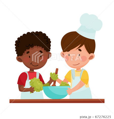 Happy Boy Chef Characters Wearing Apron and Hat Cooking Salad with Broccoli Vector Illustration Happy Boy Chef Characters Wearing Apron and Hat Cooking Salad with Broccoli Vector Illustration 67276225