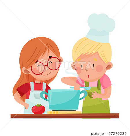 Happy Boy and Girl Chef Characters Wearing Apron and Hat Cooking Soup Vector Illustration Happy Boy and Girl Chef Characters Wearing Apron and Hat Cooking Soup Vector Illustration 67276226