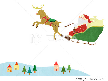空をかけるサンタクロースと雪の街並みの素材イラストのイラスト素材