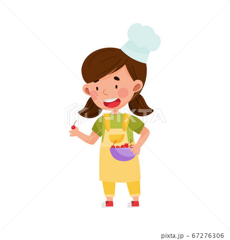 Funny Girl Character in Hat and Apron Carrying Cherry in Bowl for Baking Vector Illustration 67276306