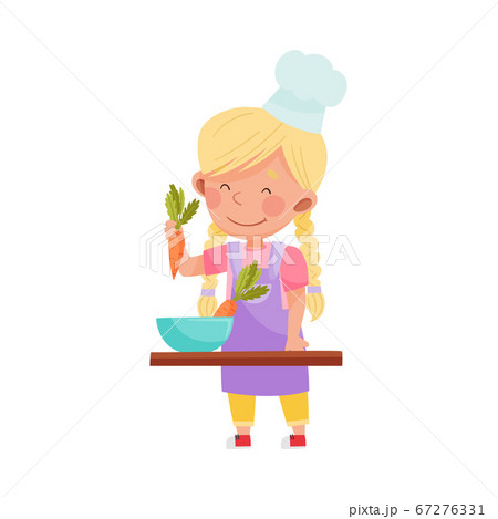 Cute Girl Character in Hat and Apron Standing at Kitchen Table and Cooking Salad Vector Illustration Cute Girl Character in Hat and Apron Standing at Kitchen Table and Cooking Salad Vector Illustration 67276331