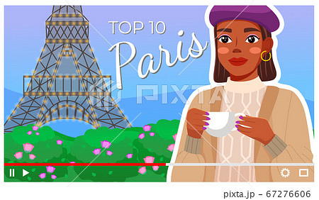 Young girl with top 10 list of Paris, frenchwoman with cup at Eiffel Tower background, videoplayer 67276606
