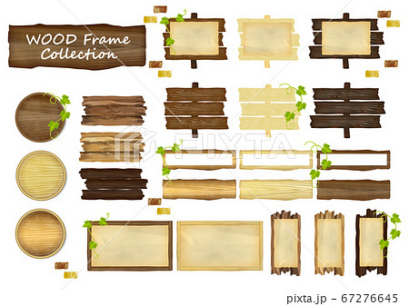 アナログ風の木製看板フレーム枠と蔓植物とレンガのベクターイラスト素材セットのイラスト素材