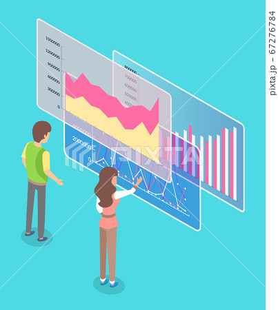 Man and woman employees cooperating and discussing business graph and diagram report on workplace 67276784