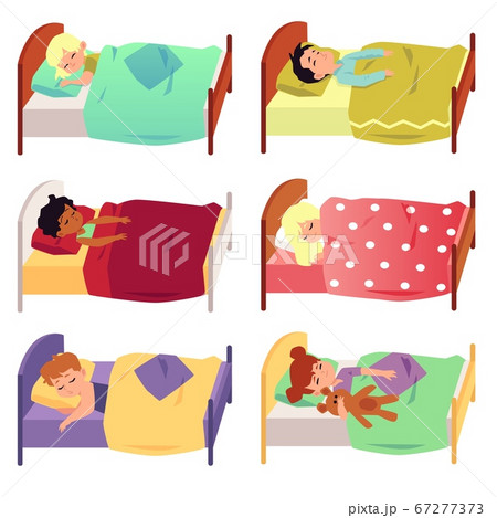 Set of children sleeping in bed under blanket flat vector illustration isolated. 67277373