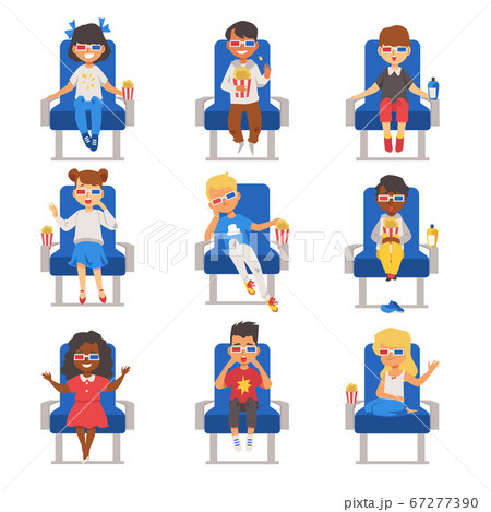 Set of kids watching movie with 3d glasses flat vector illustration isolated. Set of kids watching movie with 3d glasses flat vector illustration isolated. 67277390