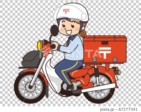 郵便局員の女性がバイクで郵便配達のイラスト素材