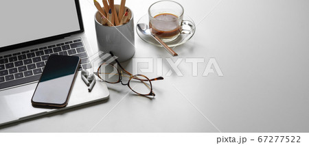 Simple workspace with copy space, mock up laptop, 67277522