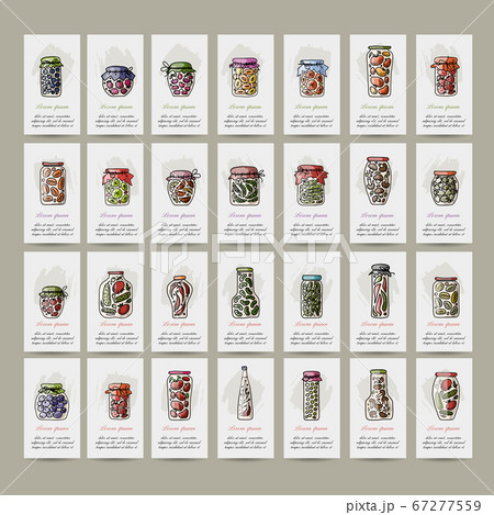 Set of cards, pickle jars with fruits and vegetables 67277559