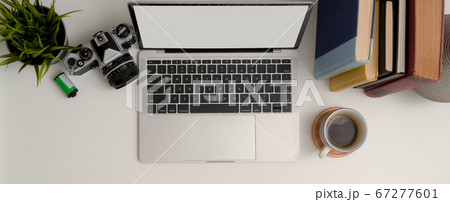 Simple worktable with mock-up laptop, coffee cup, Simple worktable with mock-up laptop, coffee cup, 67277601