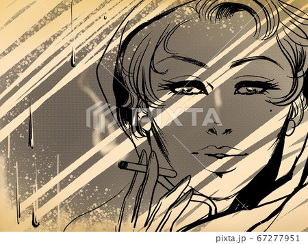 アメコミのスカーフを被った美女とタバコと雨 67277951