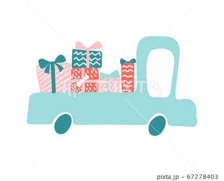 Truck delivers with gifts for birthday, any holidays or some other special occasion. Hand drawn Scandinavian cute style for greeting card Truck delivers with gifts for birthday, any holidays or some other special occasion. Hand drawn Scandinavian cute style for greeting card 67278403