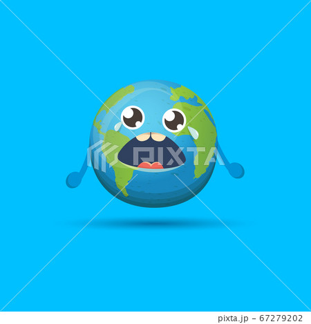 Cartoon cute crying baby earth planet character isolated on blue background. Eath dayor save eath concept design party poster template with funny kawaii earth globe with tears 67279202