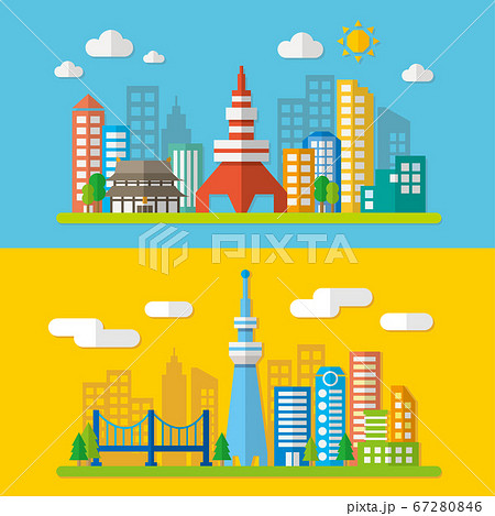東京タワーとスカイツリーの街並み　素材イラスト 67280846