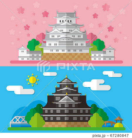 日本の城 姫路城と岡山城の素材イラストのイラスト素材