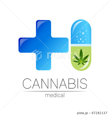 Cannabis in the tablet pill capsule with cross vector logotype for medicine and doctor. Medical marijuana symbol. Pharmaceuticals with plant and leaf for health. Concept sign of green herb. 67282137