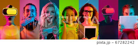 Portrait of people on multicolored background in neon light, creative collage 67282242